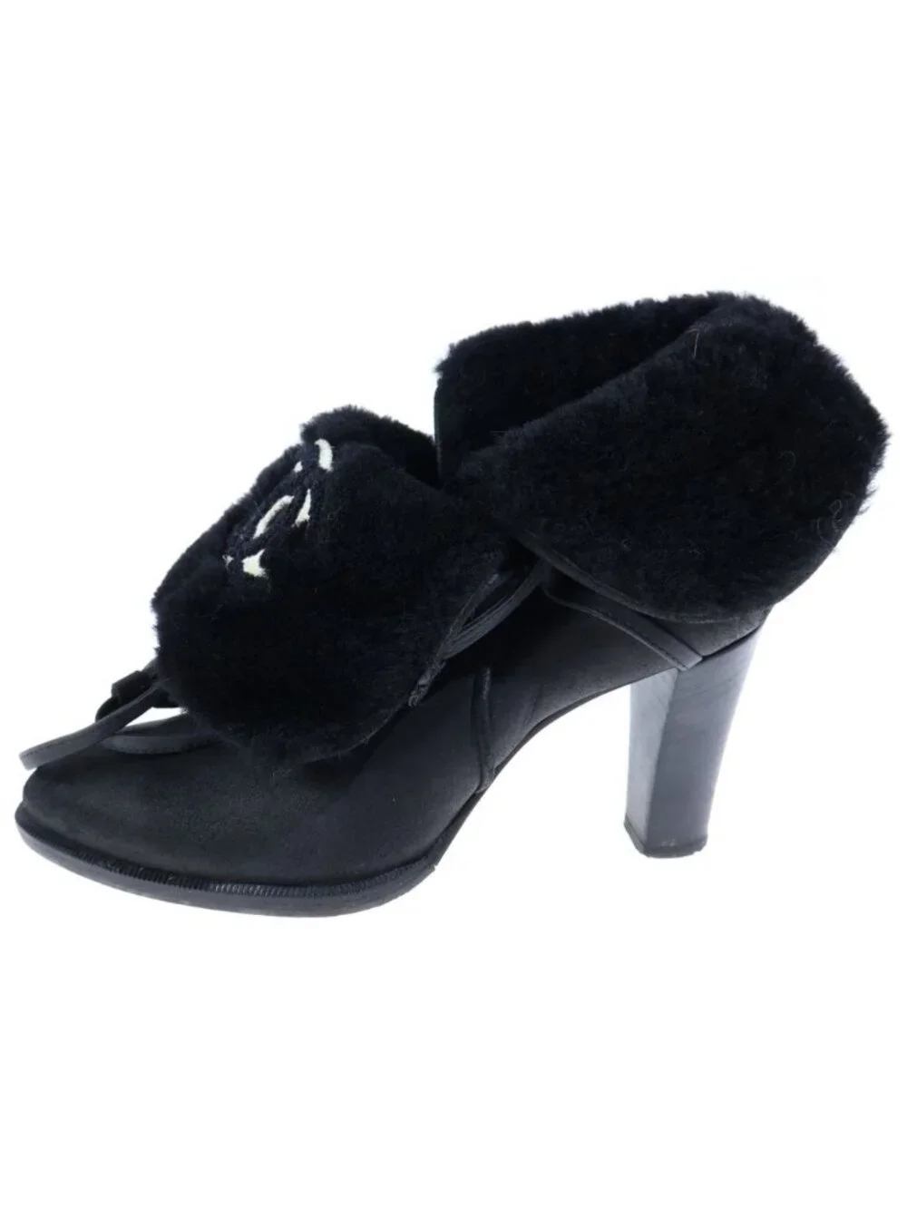 Chanel CC Logo Boots CC Fur Paneled Leather Heels Black